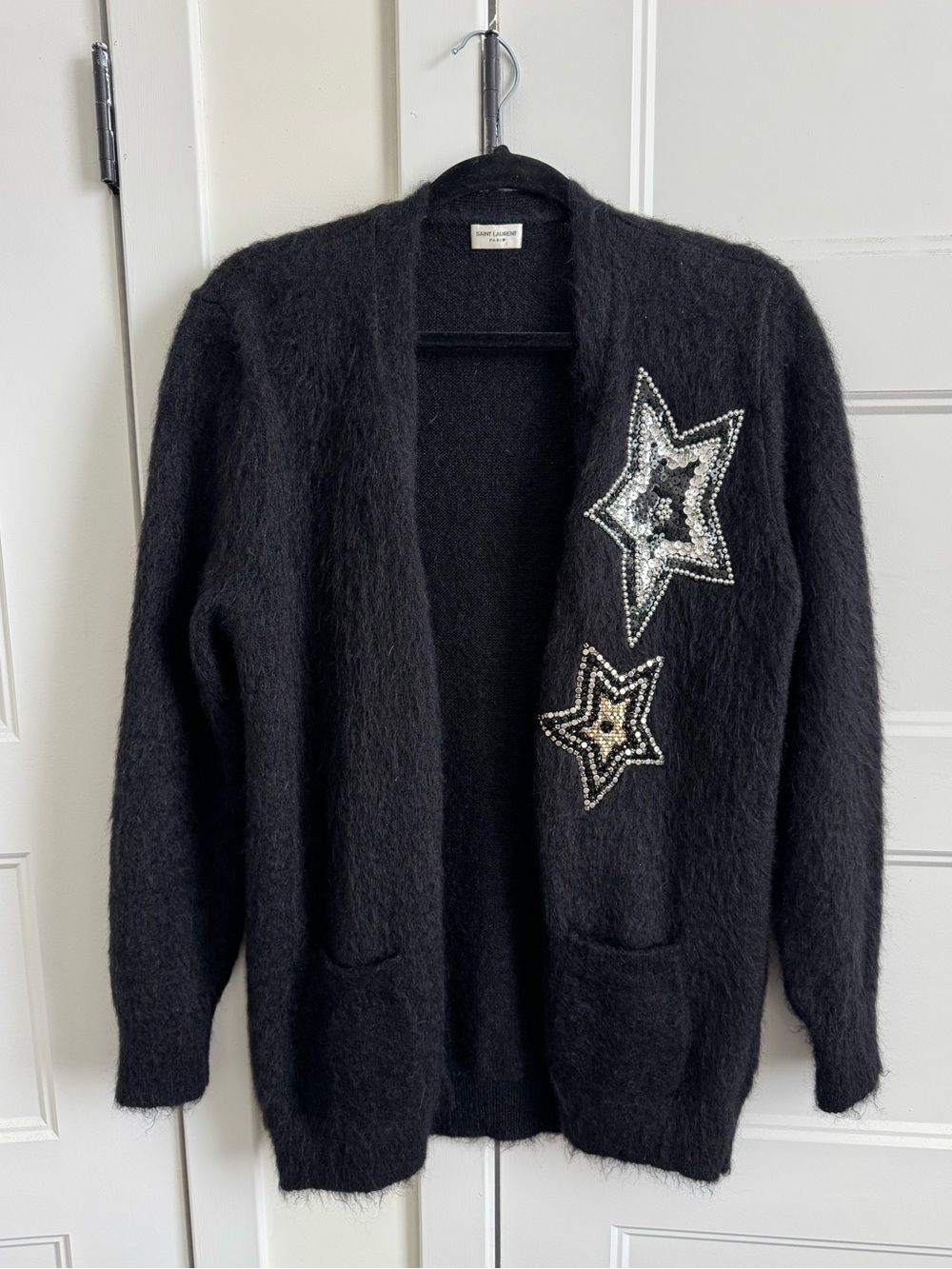 Saint Laurent Sequin Star Embellished Mohair Cardigan Sweater ~ Made in Italy